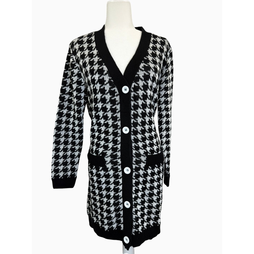 Lark + Grey Women's Medium Black White Houndstooth Long Cardigan Button Front
